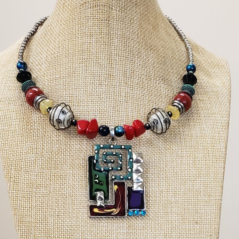 Colorful, stone, glass, enamel, beaded, boho, art deco chocker pendant necklace